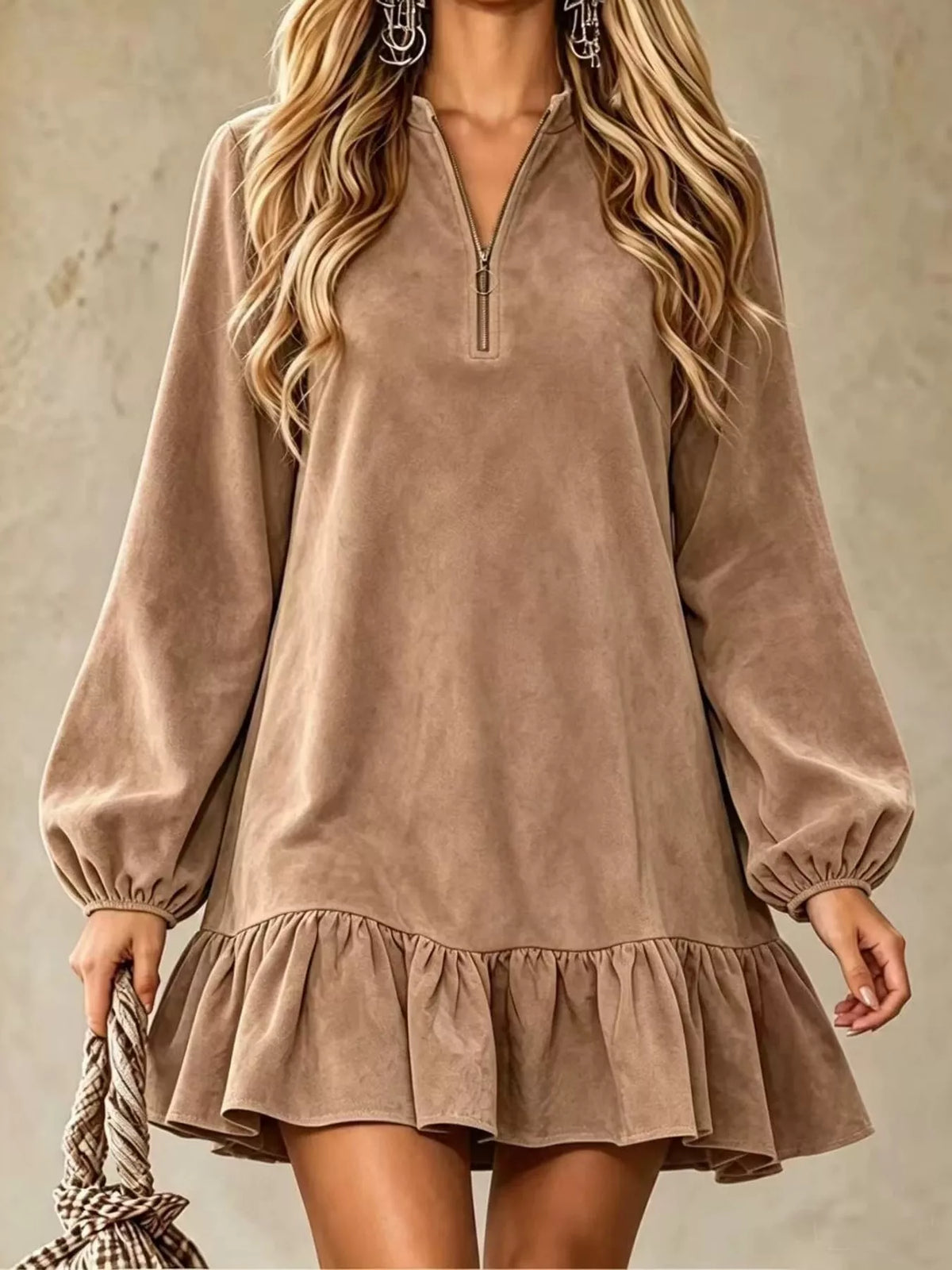 quarter-zip ruffle hem mini dress | dropsona - neutral - size reference