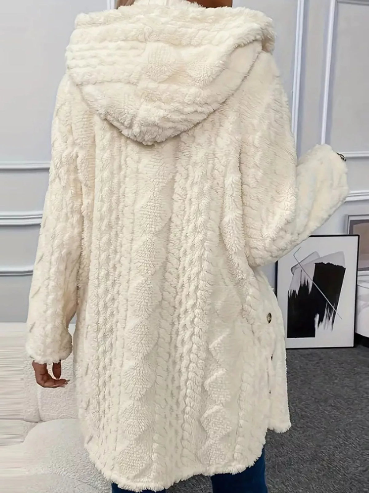 full size cozy cable-knit faux fur hooded outerwear | dropsona - neutral - usage example
