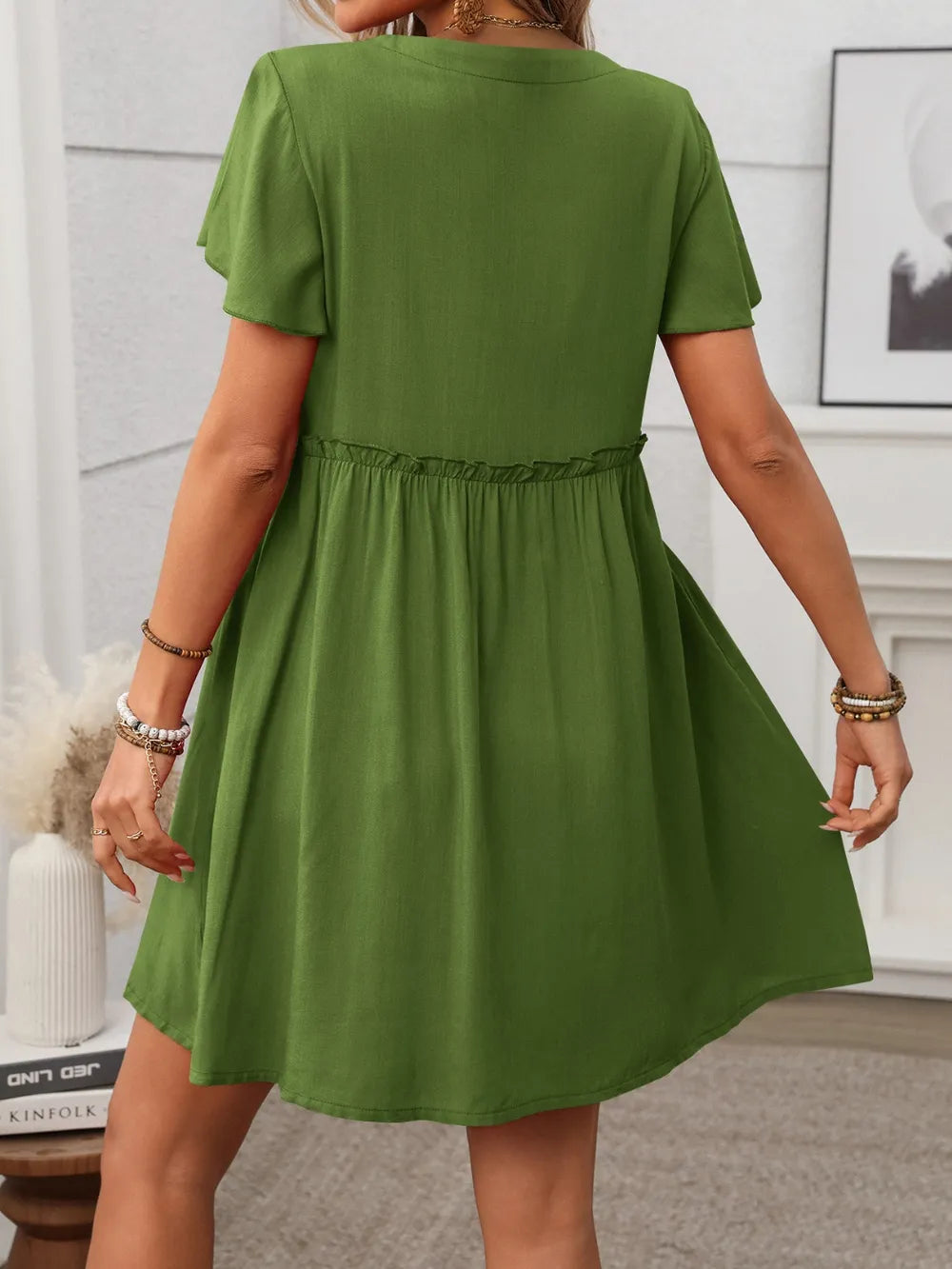 button front flutter sleeve dress - material texture