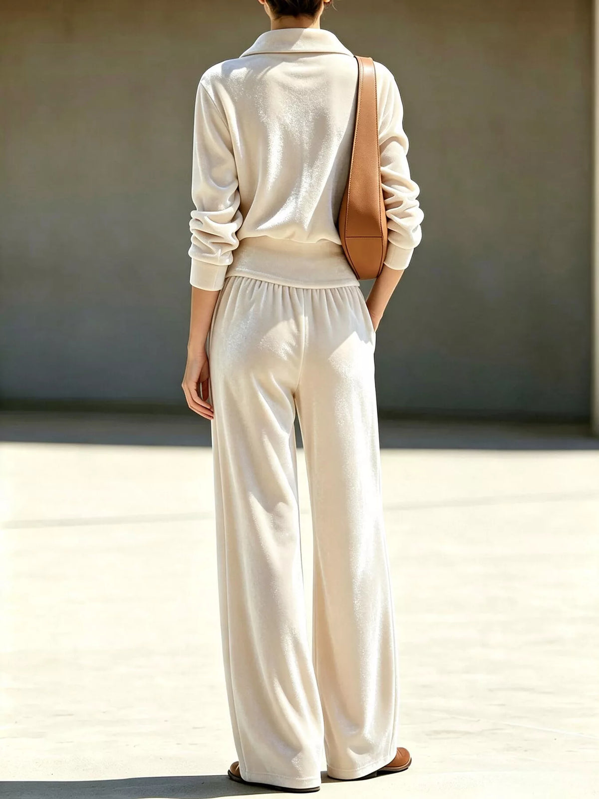 full size quarter-zip top and wide-leg pants set plus | dropsona - neutral - close-up detail