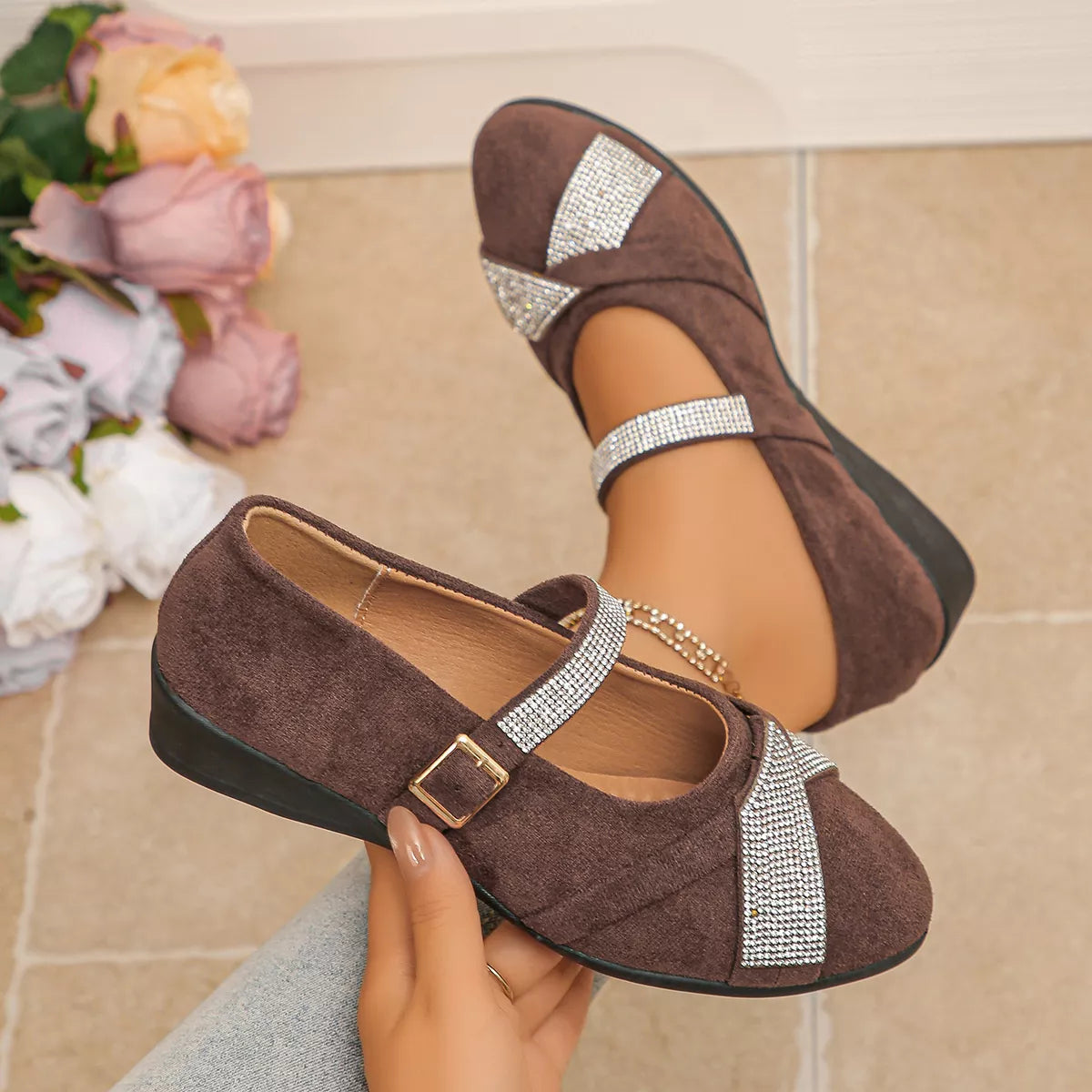 rhinestone embellished suede loafers with adjustable | dropsona - neutral - material texture