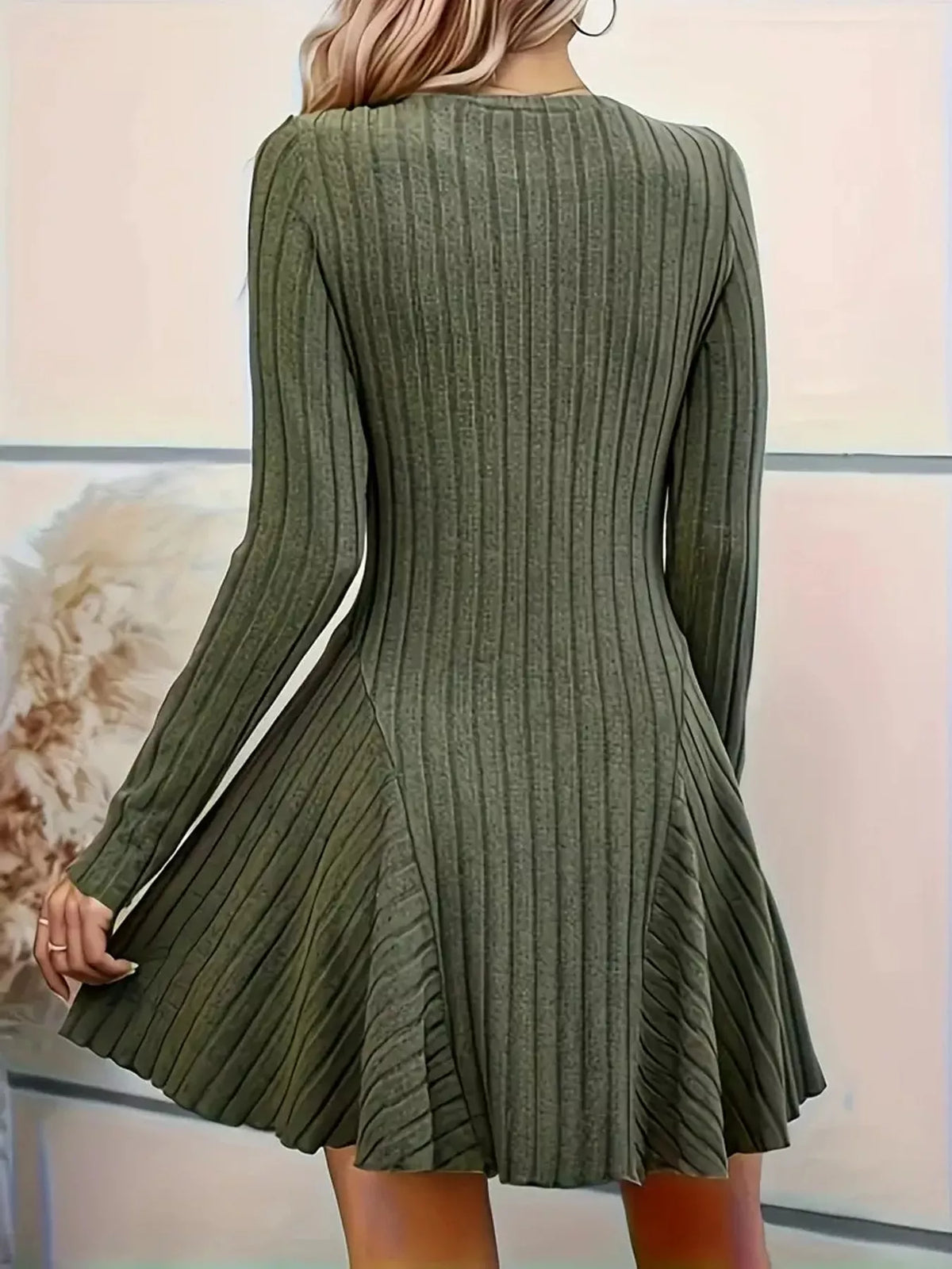 v-neck ribbed knit a-line dress – | dropsona - neutral - close-up detail