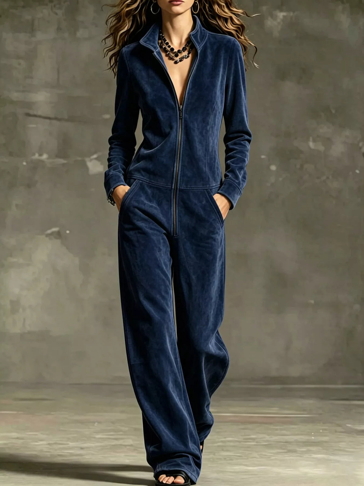 full size chic velour zip-up jumpsuit with pockets | dropsona - neutral - packaging