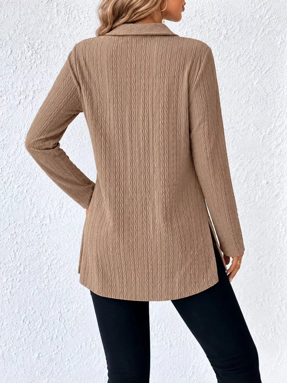 textured v-neck long sleeve top with side slit | dropsona - neutral - material texture