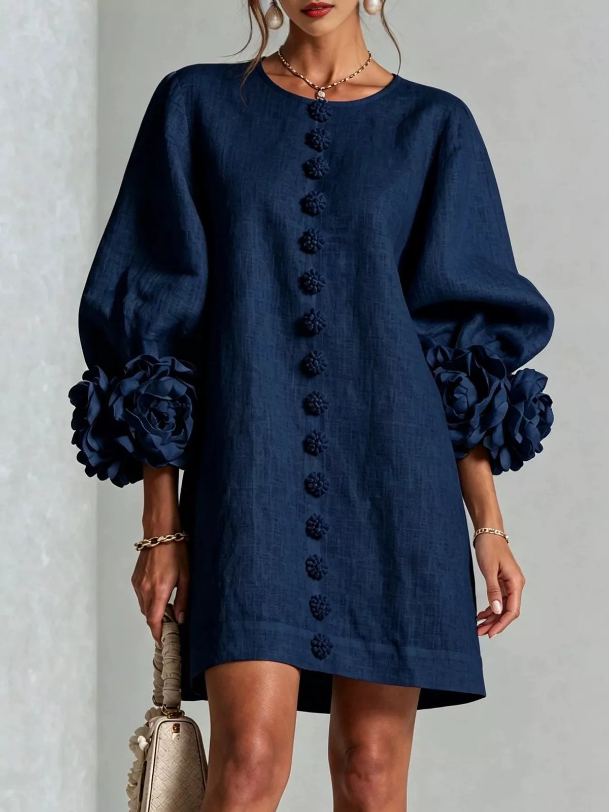 full size 3d floral sleeve round neck dress plus | dropsona - neutral - close-up detail