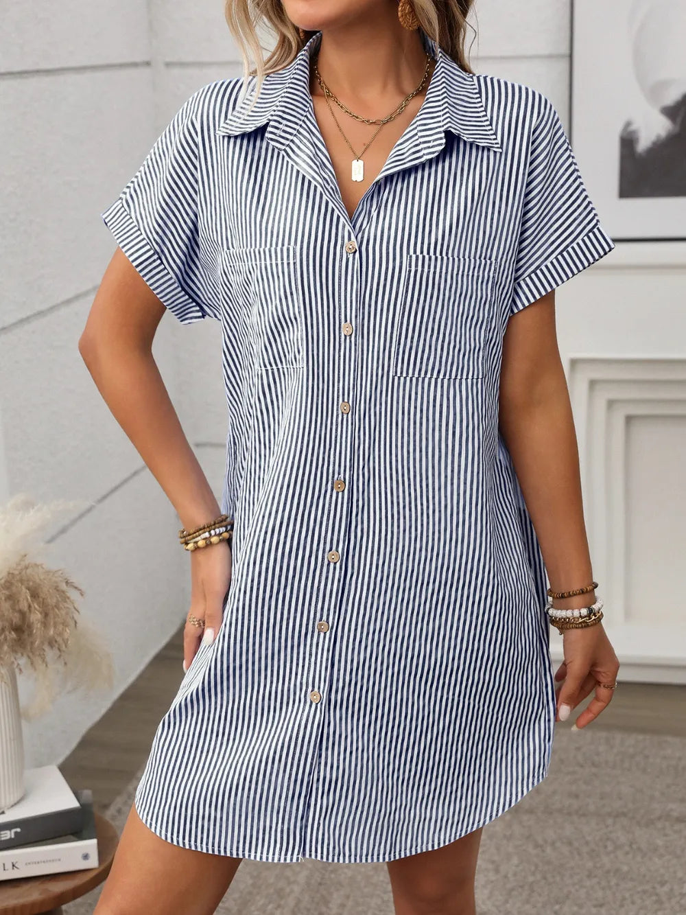 striped button down short sleeve mini dress - material texture