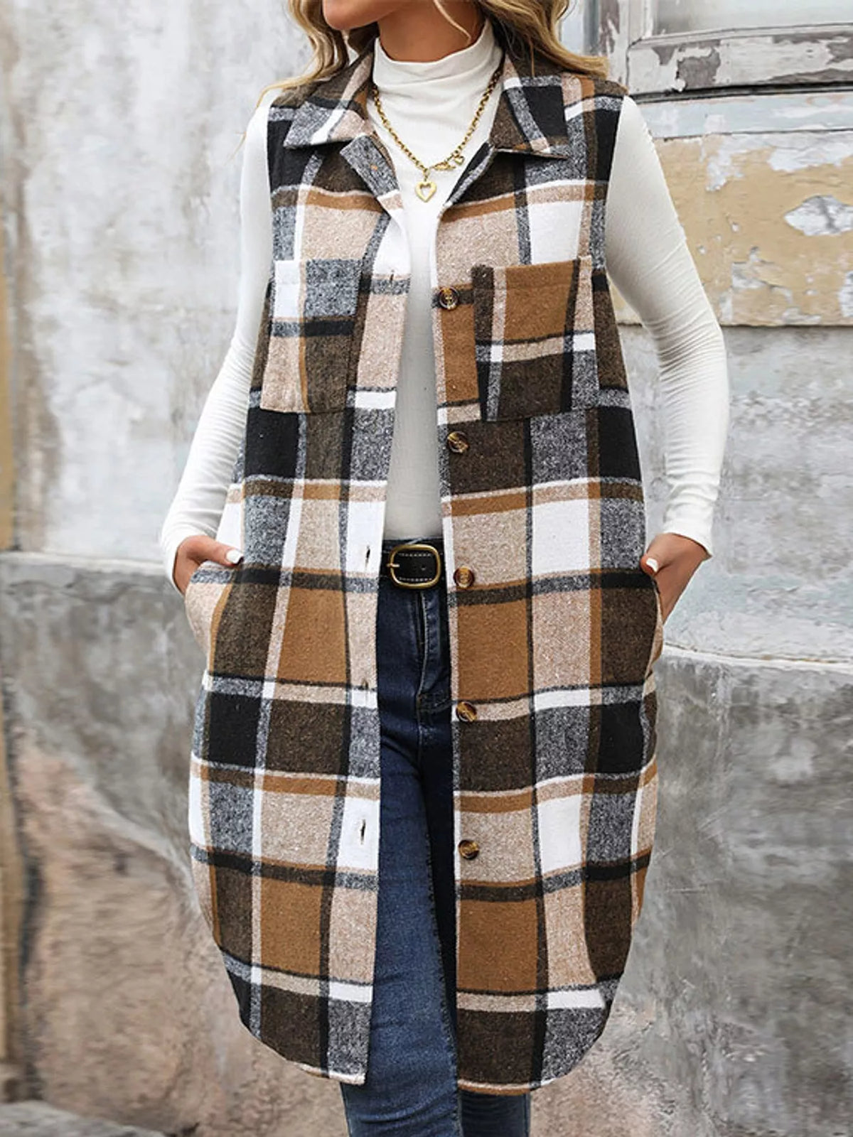 longline plaid button-down vest coat | dropsona - neutral - size reference
