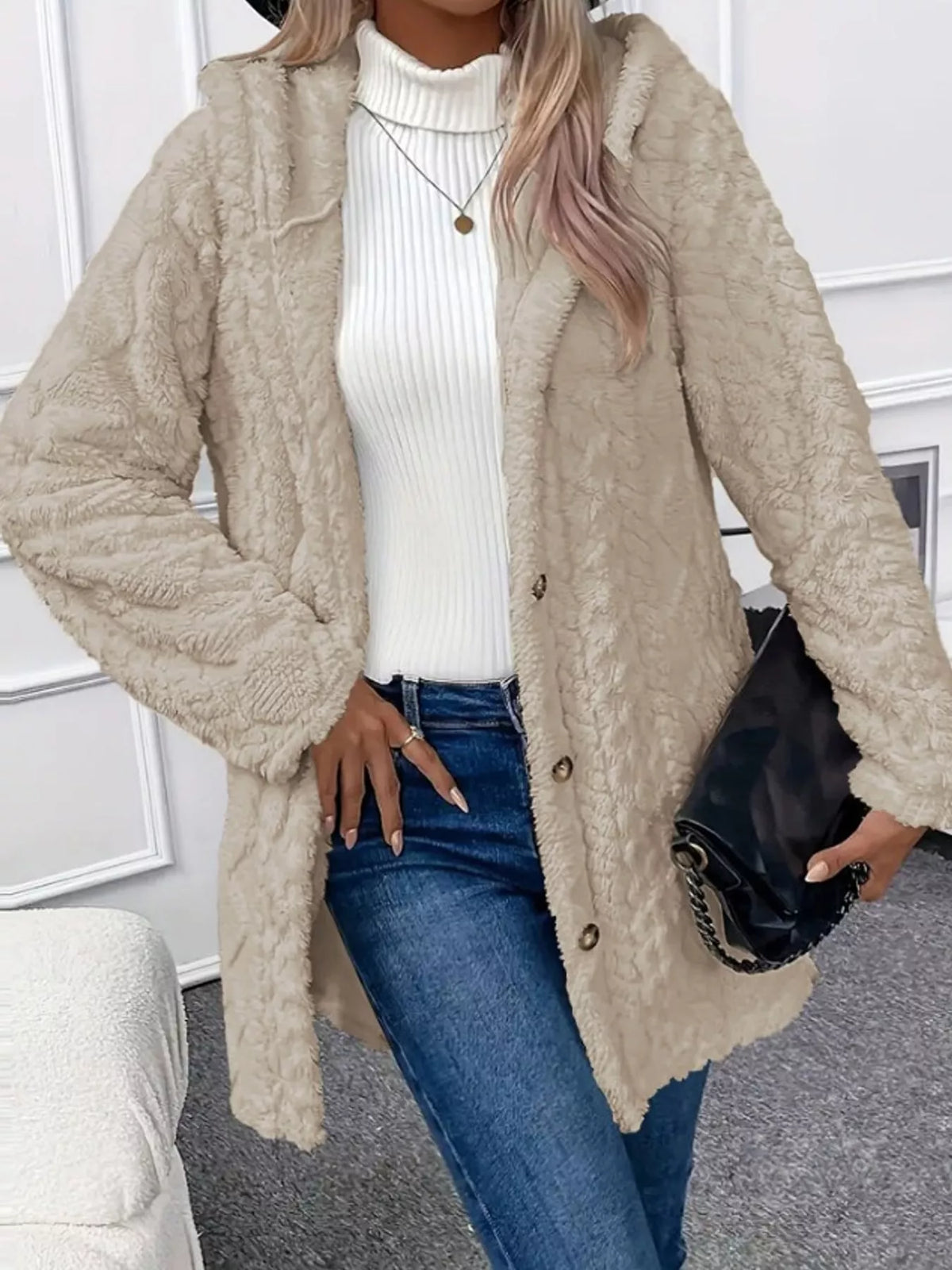 full size cozy cable-knit faux fur hooded outerwear | dropsona - neutral - front view