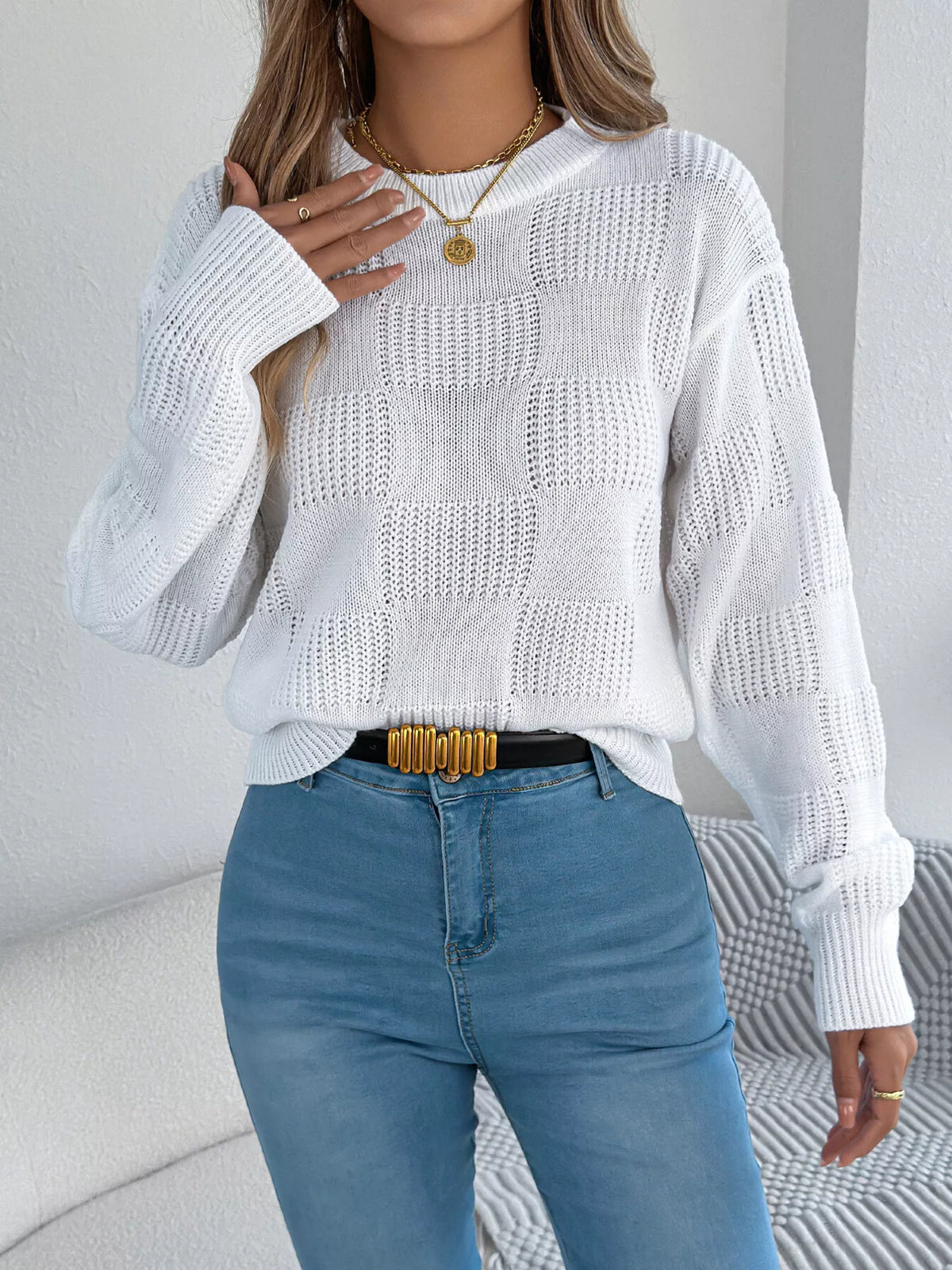 checkerboard textured knit sweater | dropsona - neutral - front view