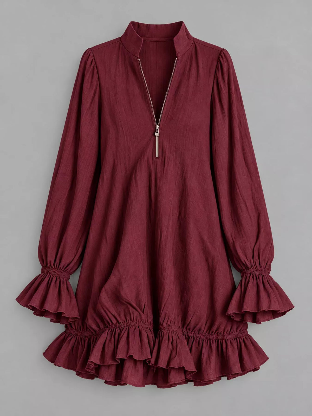 zipper-front ruffle hem mini dress – zipper, ruffled | dropsona - neutral - close-up detail