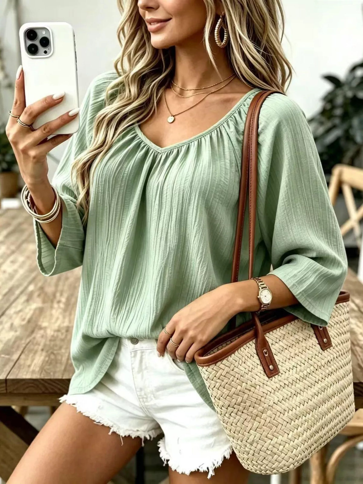 full size textured v-neck casual t-shirt plus | dropsona - neutral - usage example