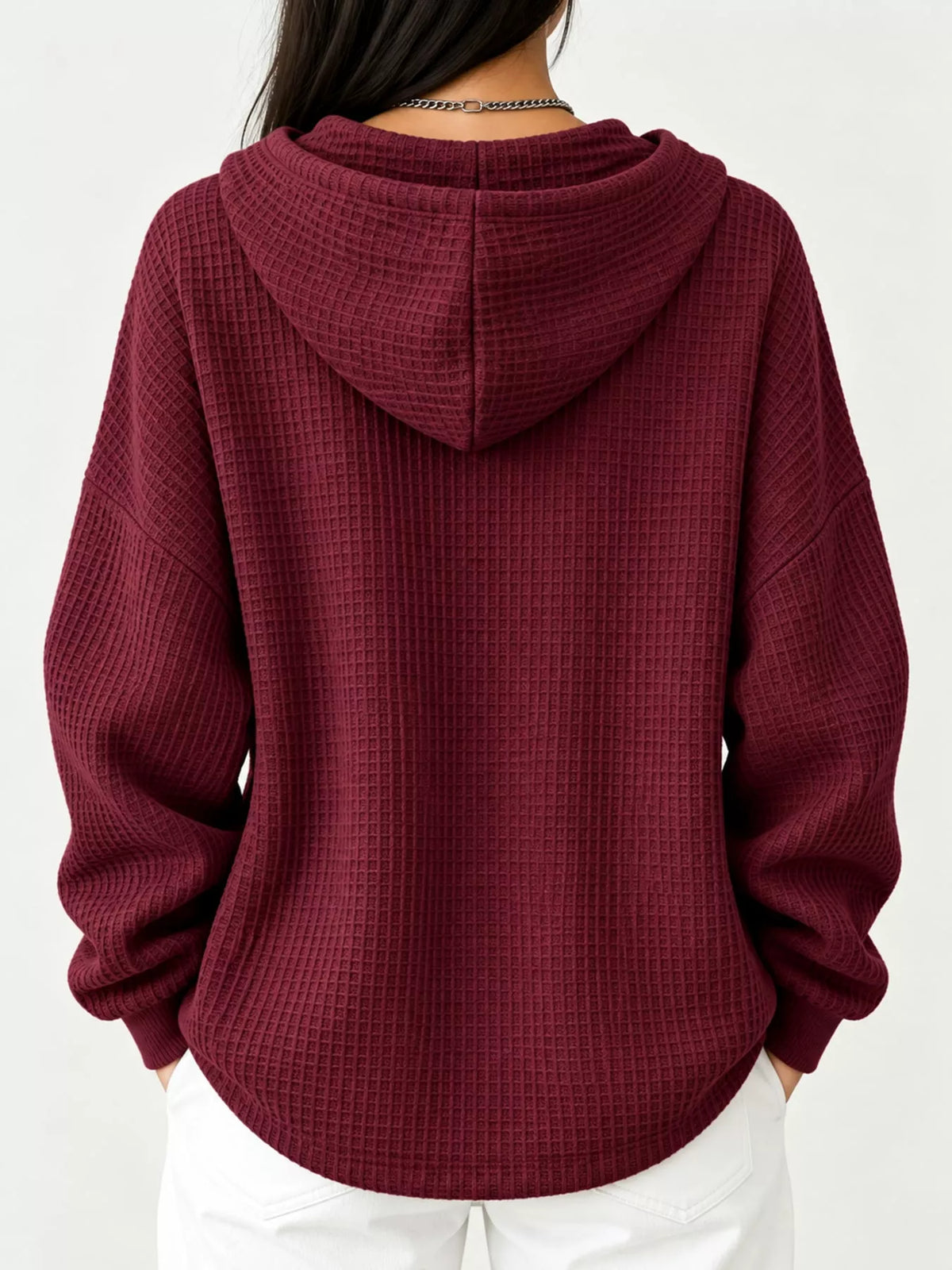 full size waffle knit button detail hoodie plus | dropsona - neutral - close-up detail