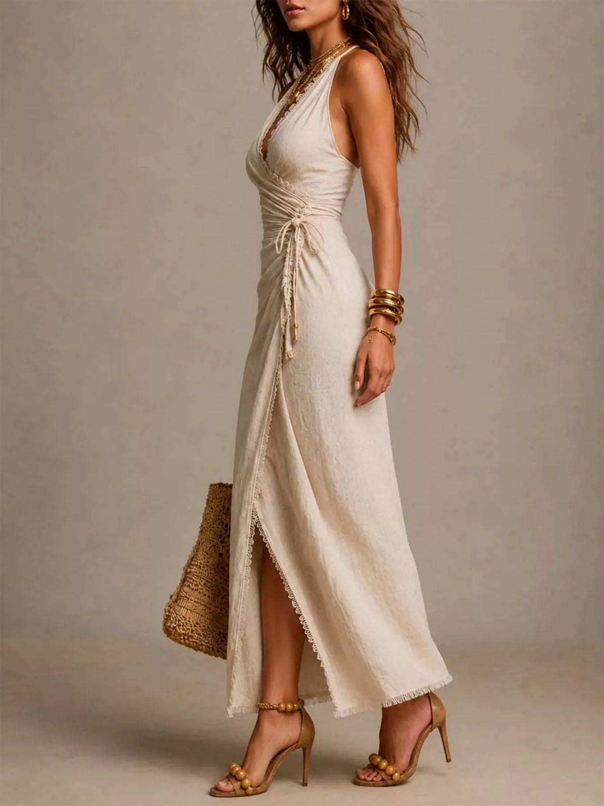 lace-trimmed slit wrap midi dress – tied,slit | dropsona - neutral - front view