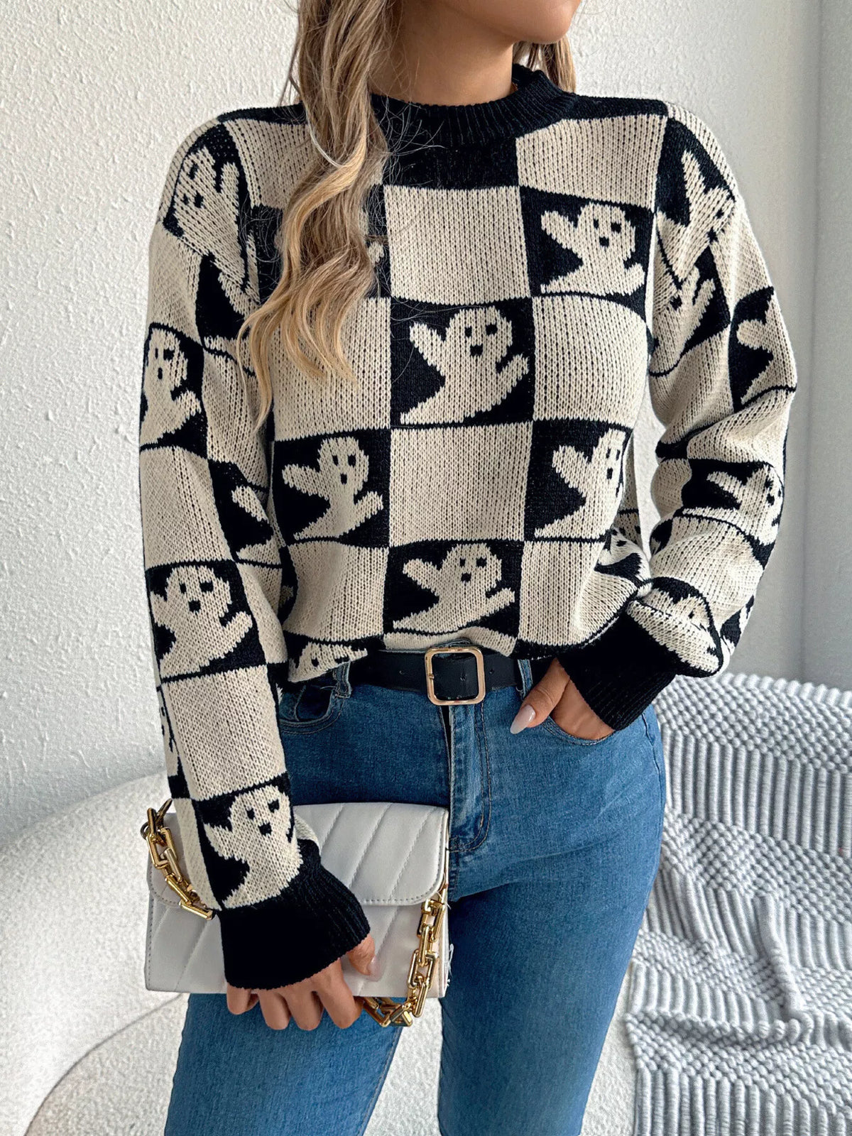 checkerboard halloween graphic sweater – basic style | dropsona - neutral - front view