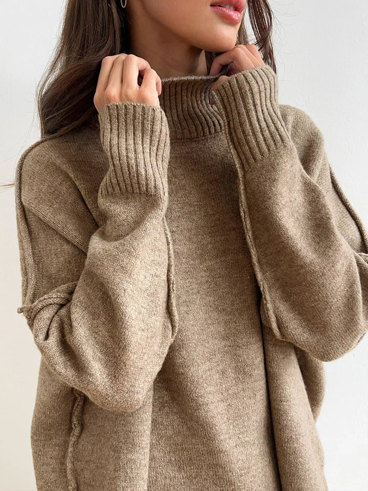 full size oversized turtleneck knit top and wide-leg | dropsona - neutral - front view