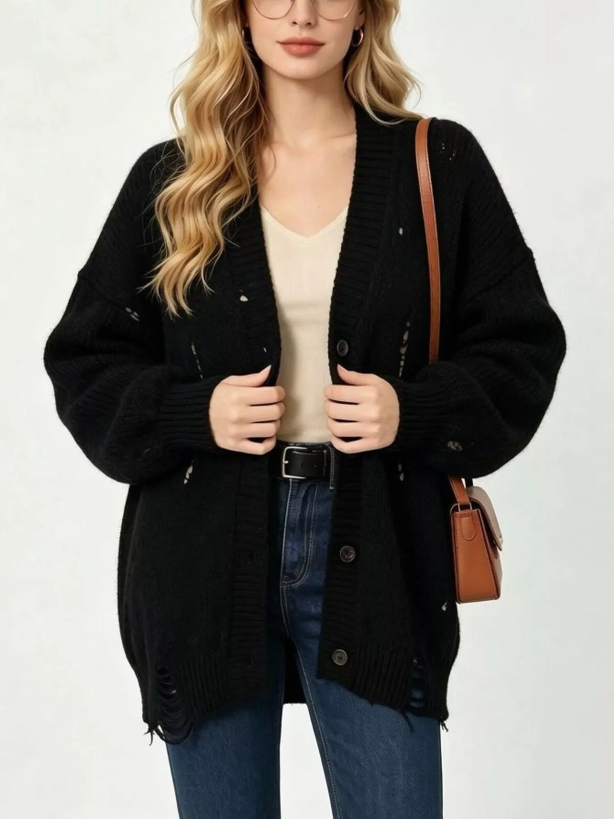 full size distressed oversized v-neck button-down | dropsona - neutral - material texture