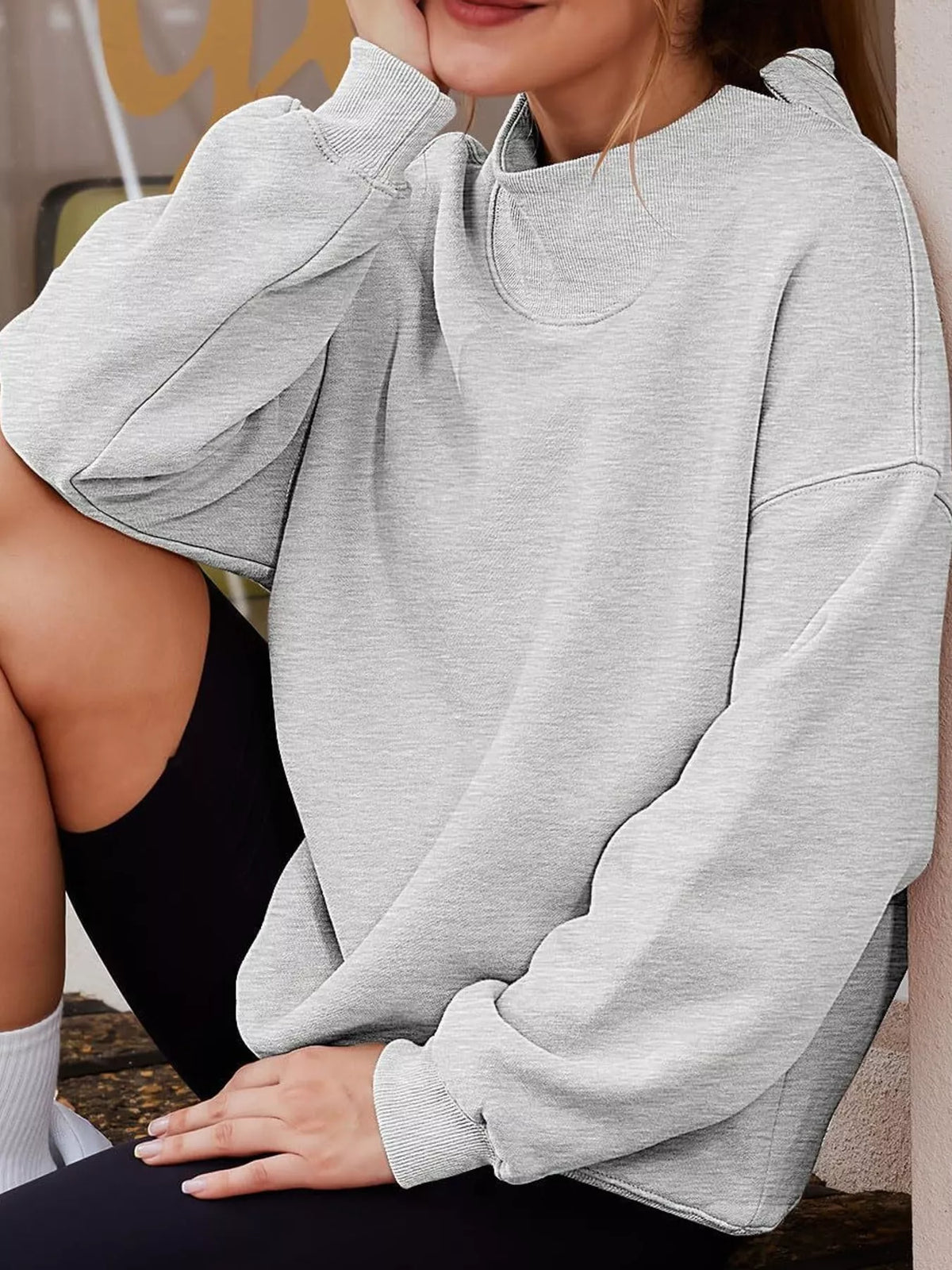 oversized mock neck long sleeve sweatshirt | dropsona - neutral - close-up detail