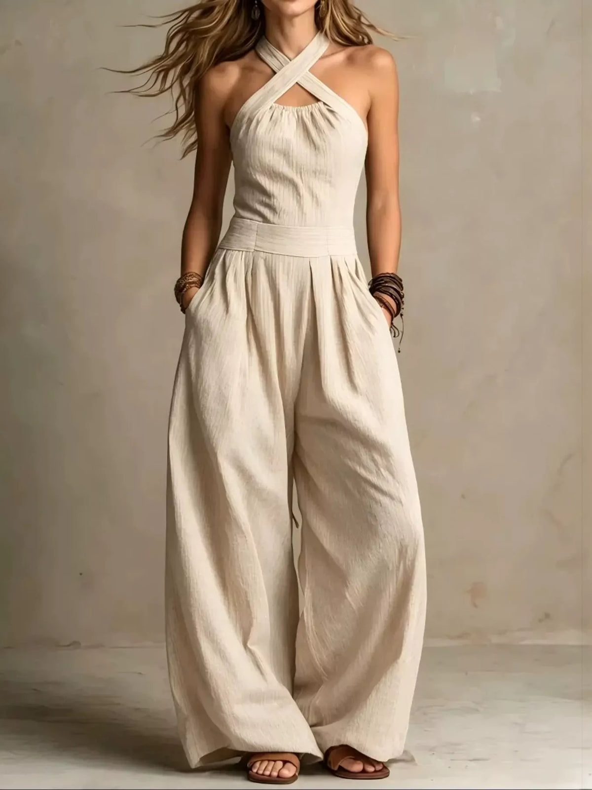 full size halter neck wide-leg jumpsuit plus | dropsona - neutral - everyday use