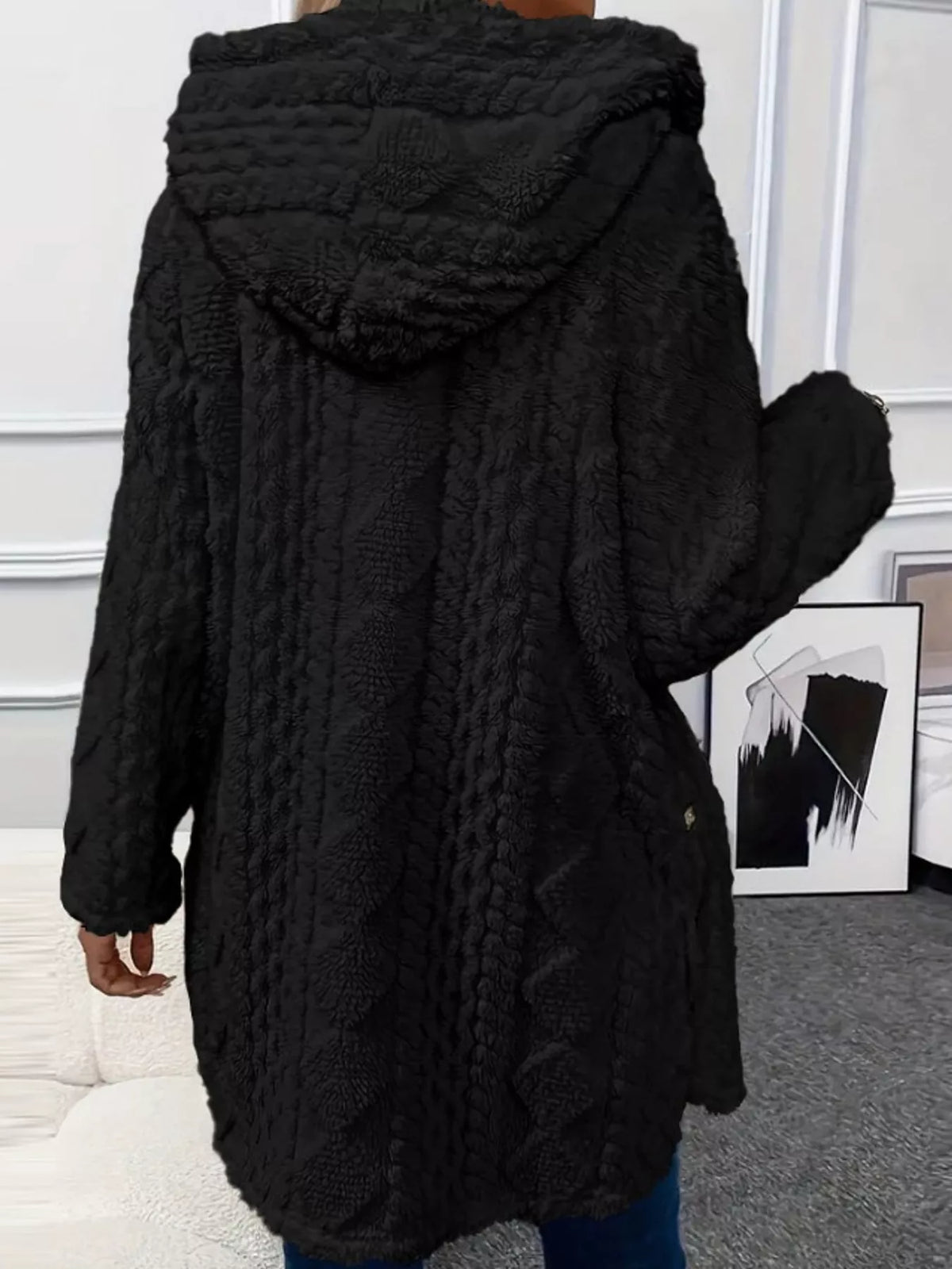 full size cozy cable-knit faux fur hooded outerwear | dropsona - neutral - close-up detail