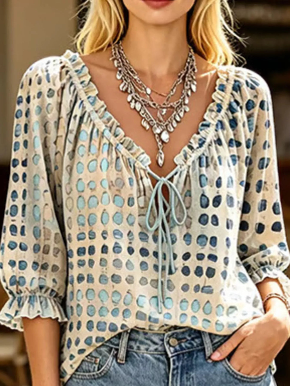 full size tie neck 3/4 sleeve blouse plus | dropsona - neutral - close-up detail