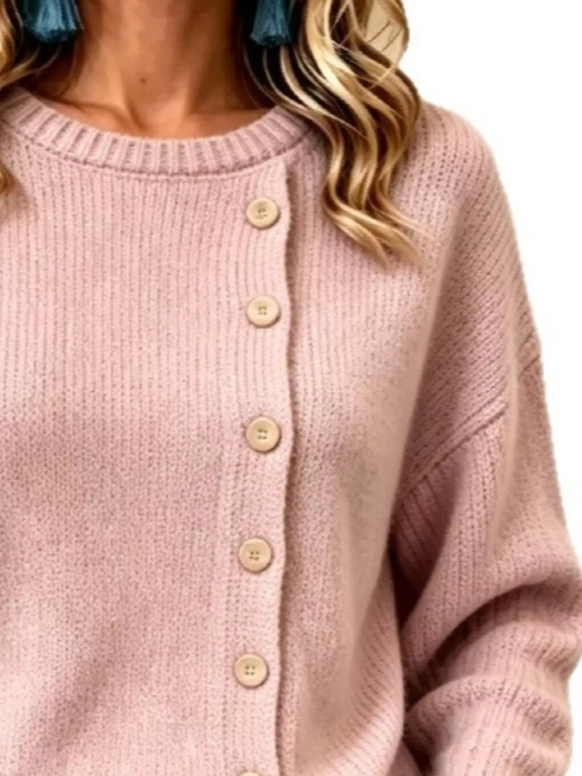 decorative button dropped shoulder sweater – buttoned | dropsona - neutral - front view