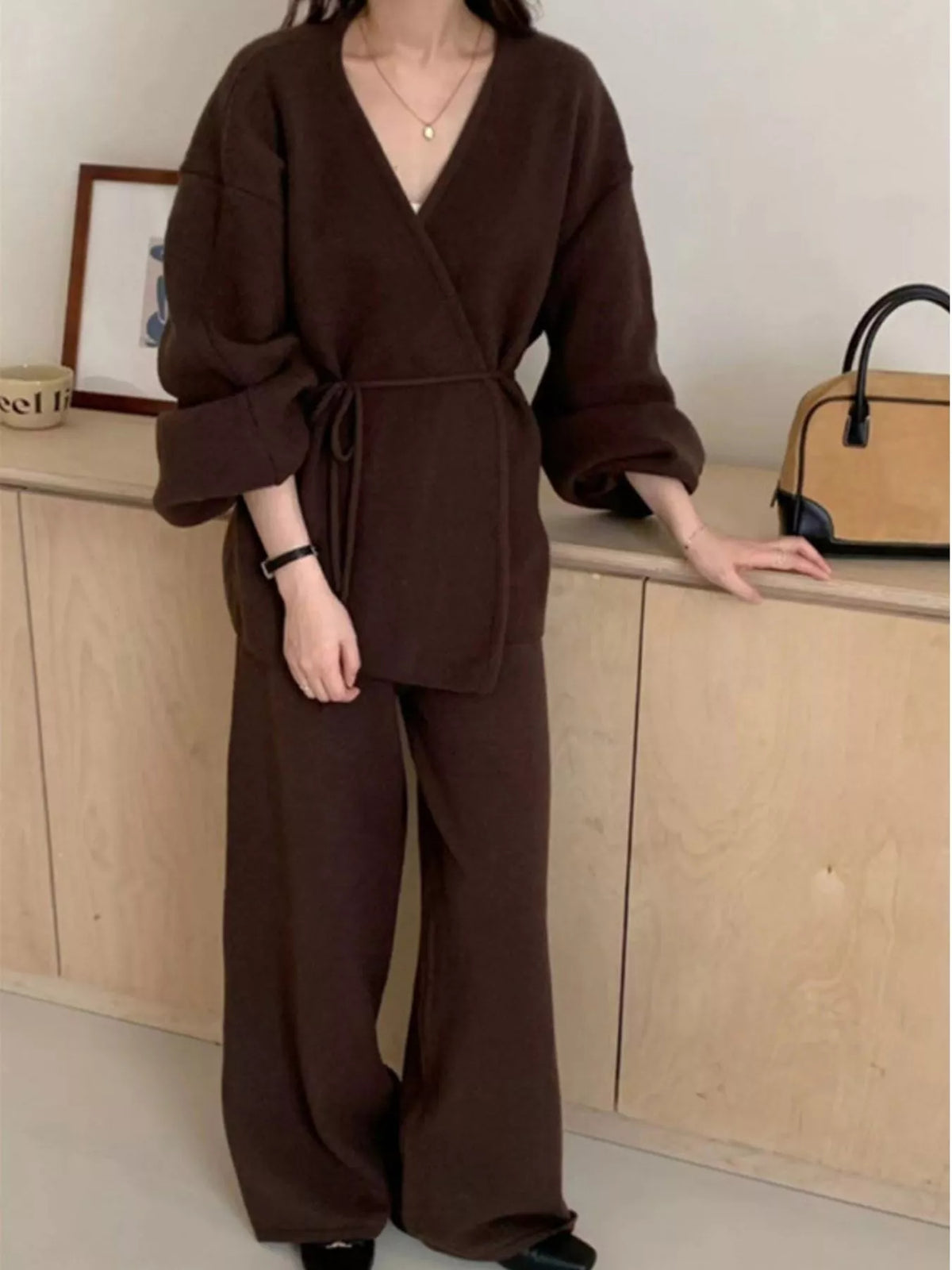 v-neck tied wrap cardigan and wide-leg pants sweater | dropsona - neutral - front view
