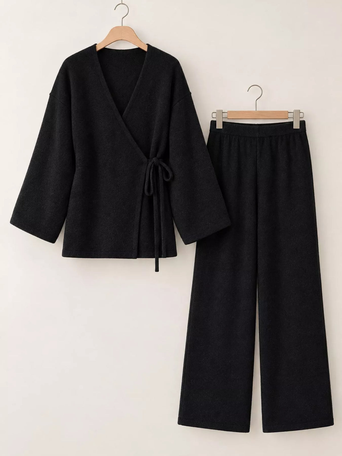 v-neck tied wrap cardigan and wide-leg pants sweater | dropsona - neutral - usage example