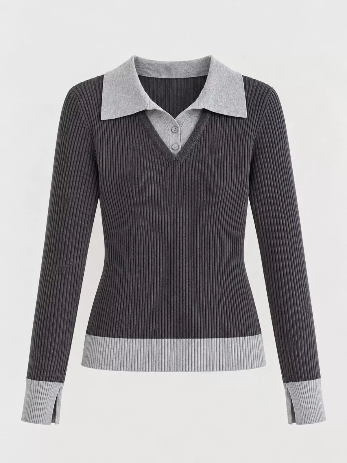 contrast collar ribbed knit top with button detail | dropsona - neutral - packaging