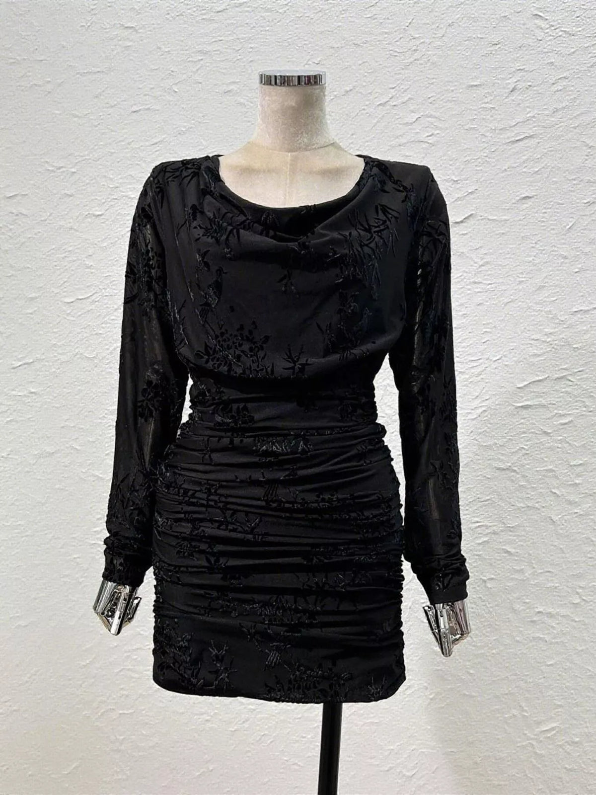 ruched long sleeve mini dress – ruched,zipper | dropsona - neutral - usage example
