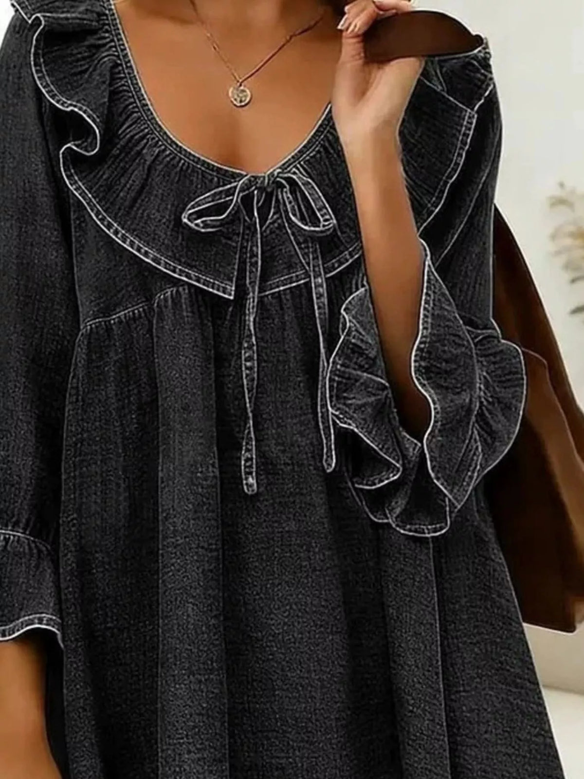 full size ruffled v-neck denim top with tie-front | dropsona - neutral - usage example