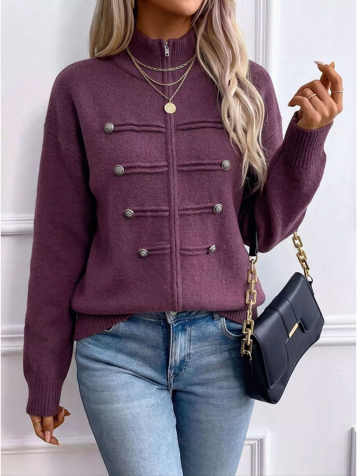 zip-up long sleeve cardigan – decorative button | dropsona - neutral - size reference