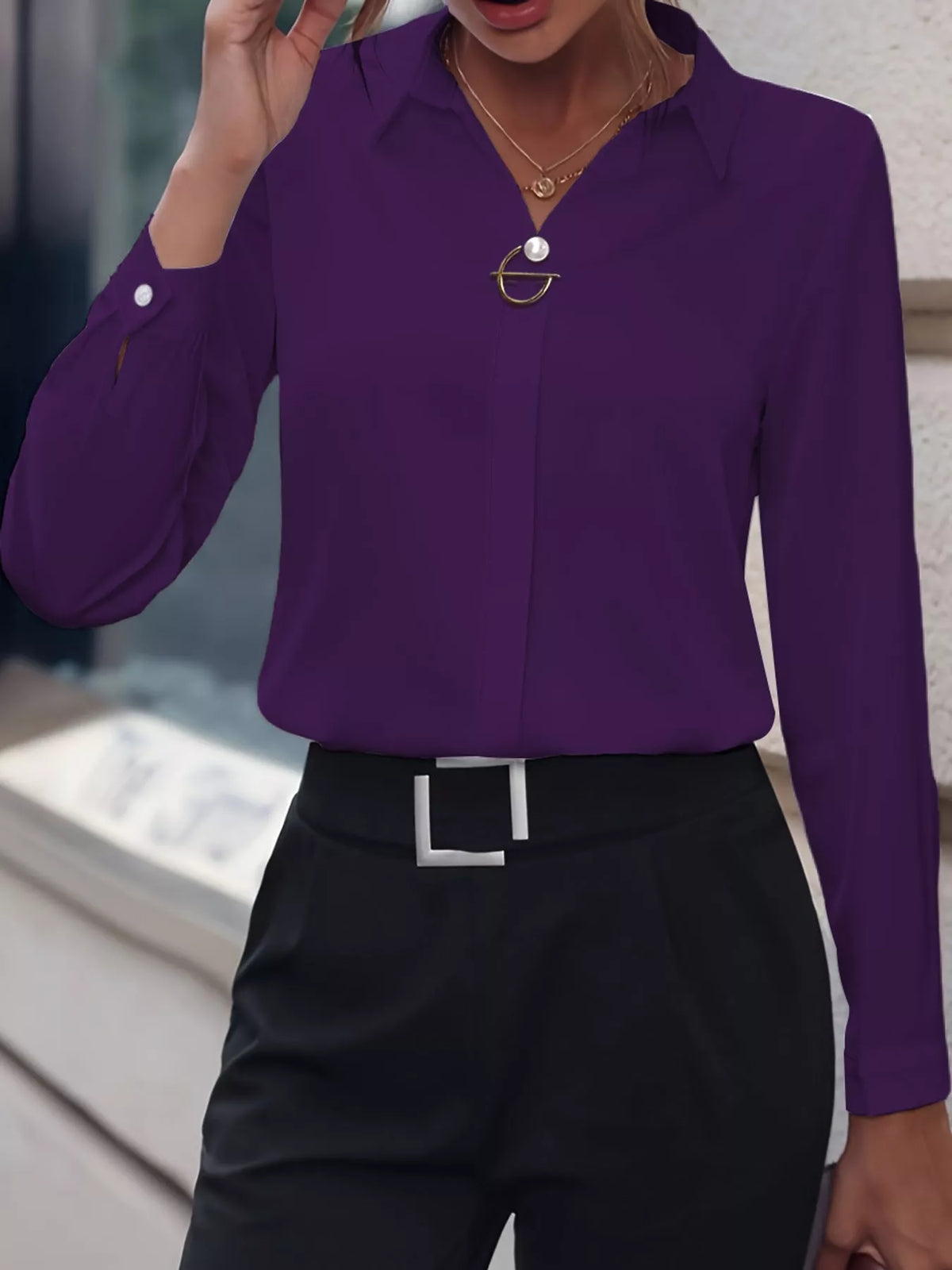 long sleeve satin blouse | dropsona - neutral - front view