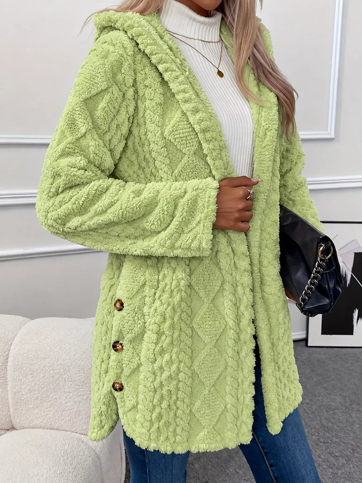 full size cozy cable-knit faux fur hooded outerwear | dropsona - neutral - usage example
