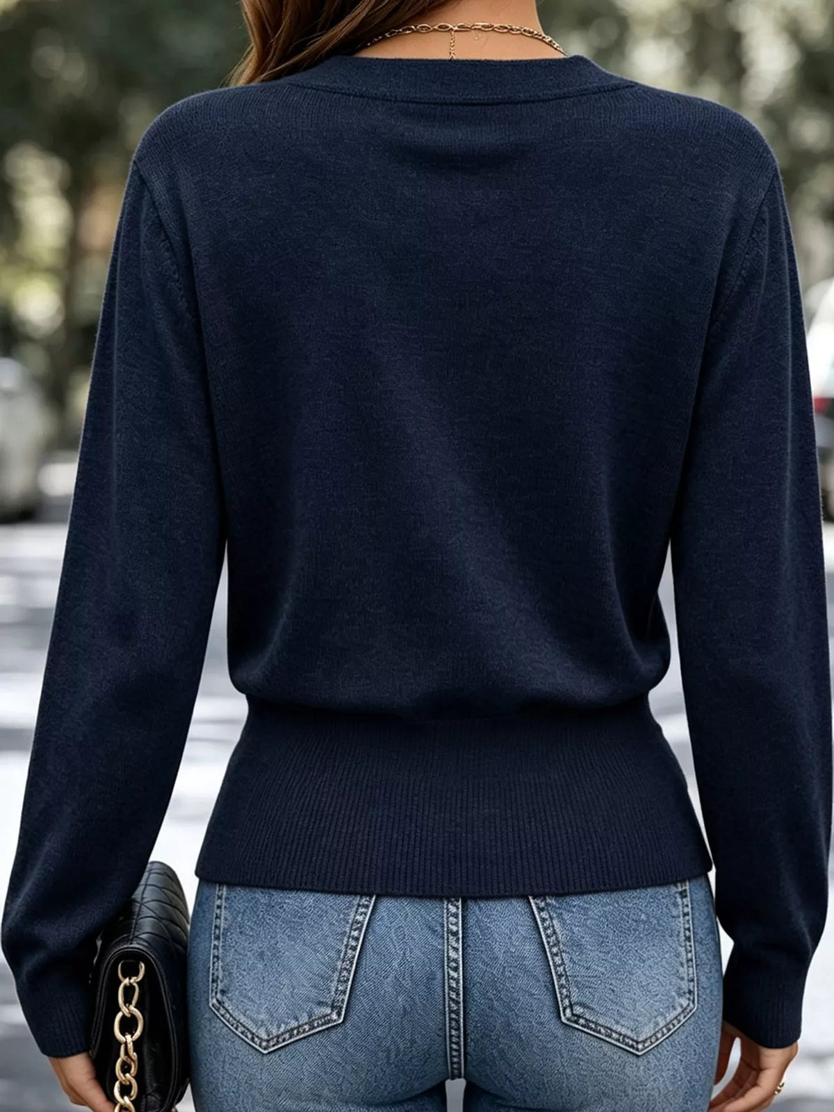 surplice elastic waist long sleeve knit top | dropsona - neutral - usage example