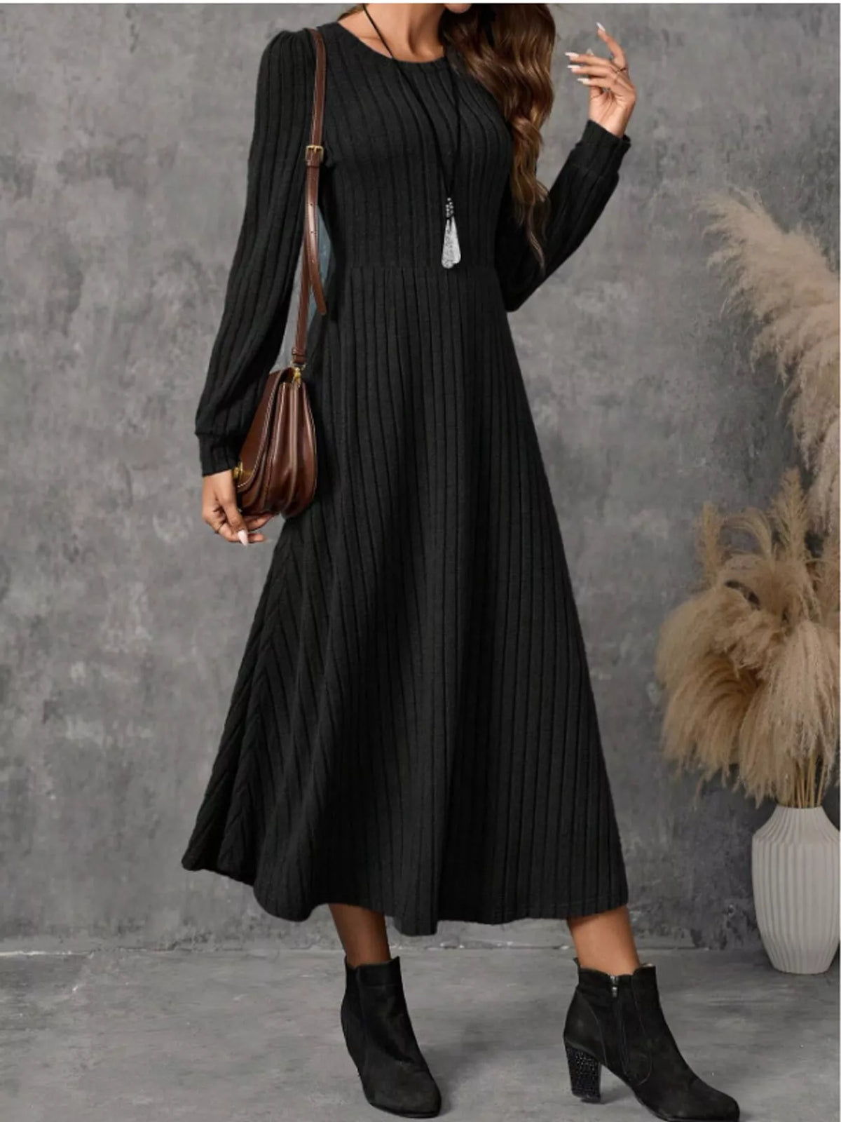 ribbed knit long sleeve a-line midi dress – | dropsona - neutral - front view