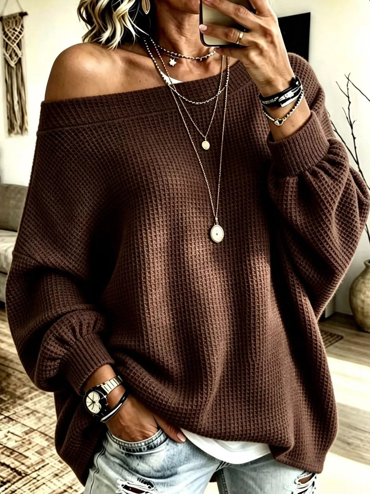full size waffle knit boat neck sweatshirt plus | dropsona - neutral - material texture