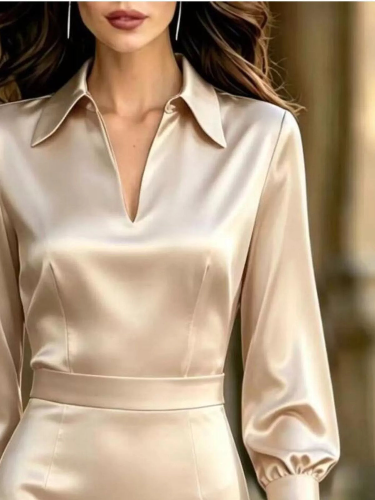 satin lantern sleeve midi dress – basic style | dropsona - neutral - close-up detail