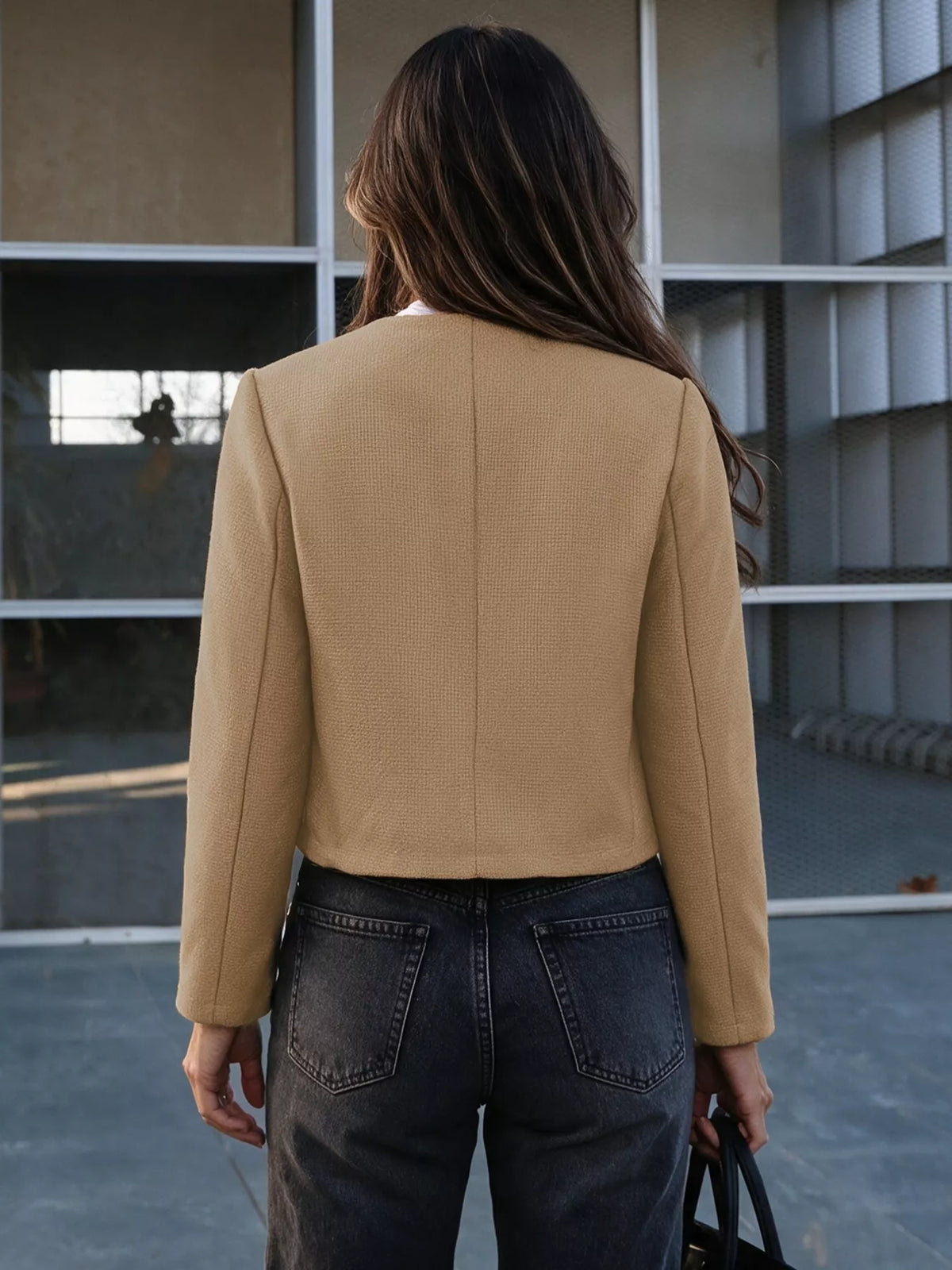 textured cropped jacket with gold-tone button | dropsona - neutral - usage example