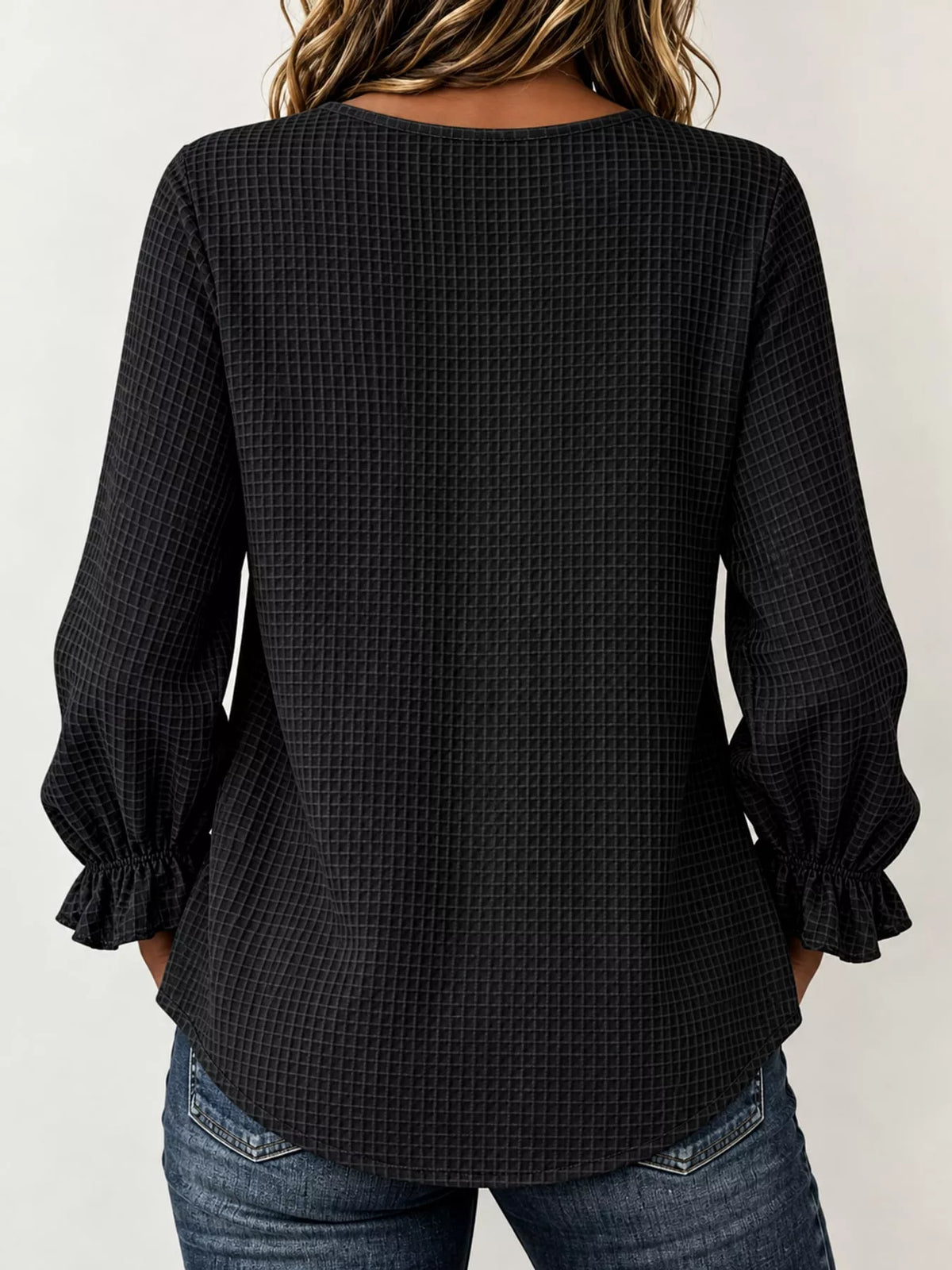 full size waffle knit flounce sleeve blouse plus | dropsona - neutral - usage example