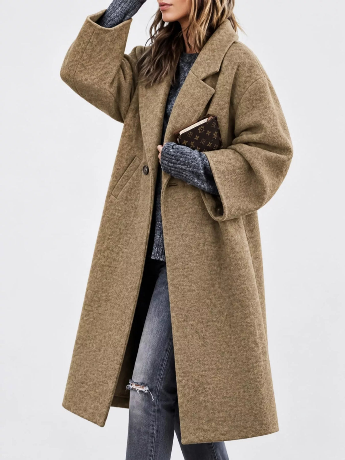 full size lapel collar one button coat plus | dropsona - neutral - front view