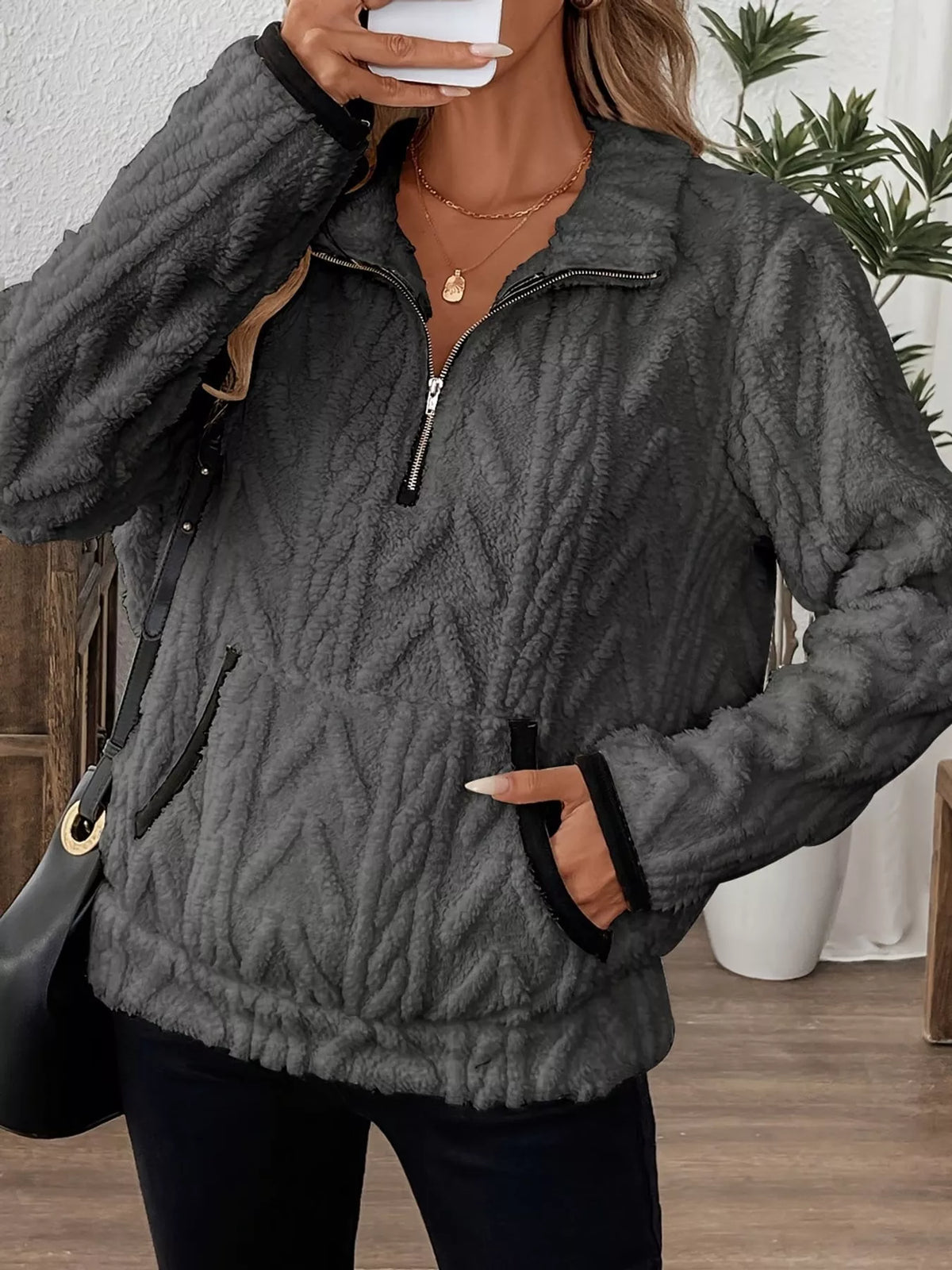 full size quarter-zip sherpa sweatshirt plus | dropsona - neutral - front view