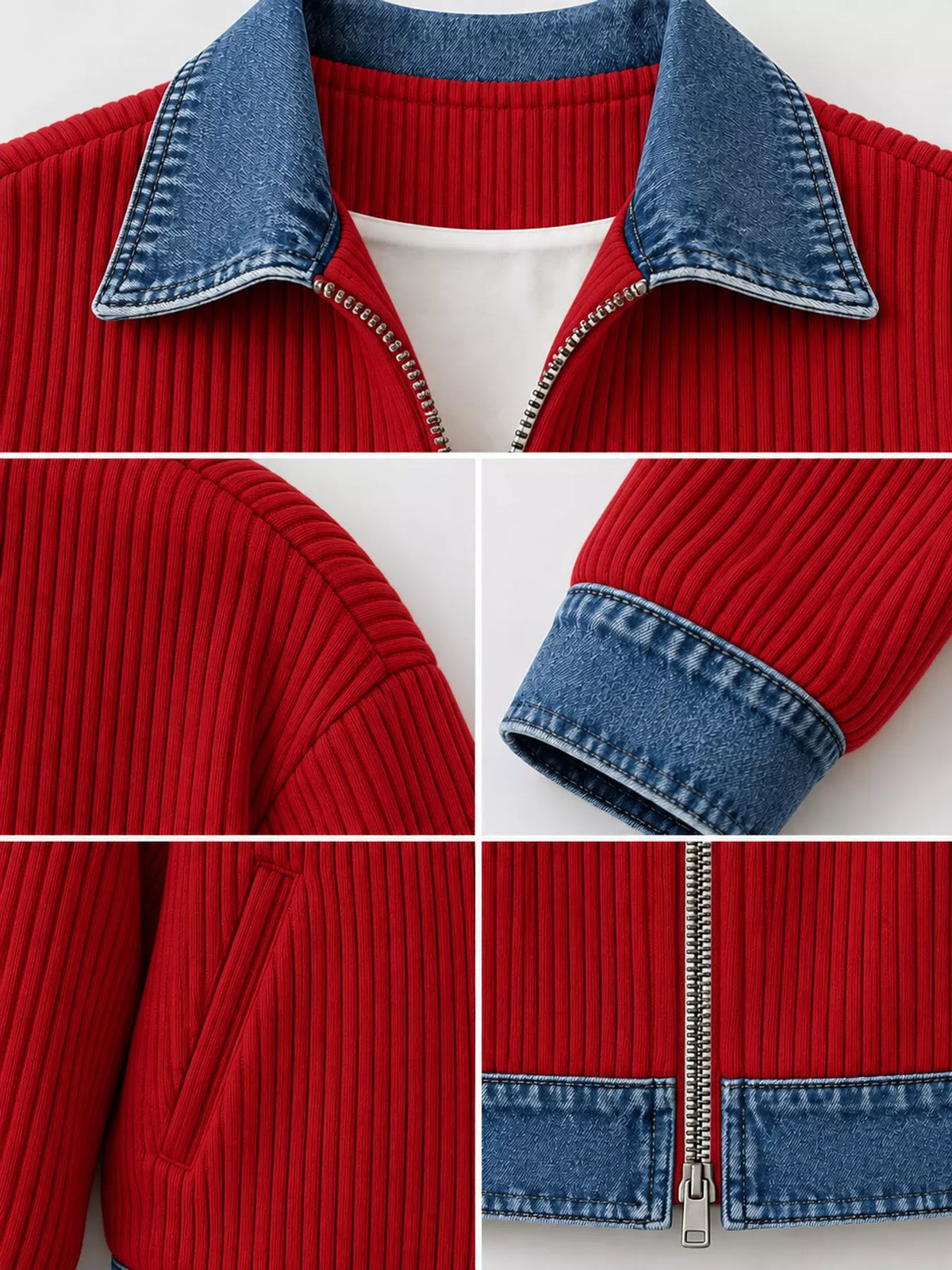 full size denim-collar ribbed knit zip-up jacket plus | dropsona - neutral - material texture