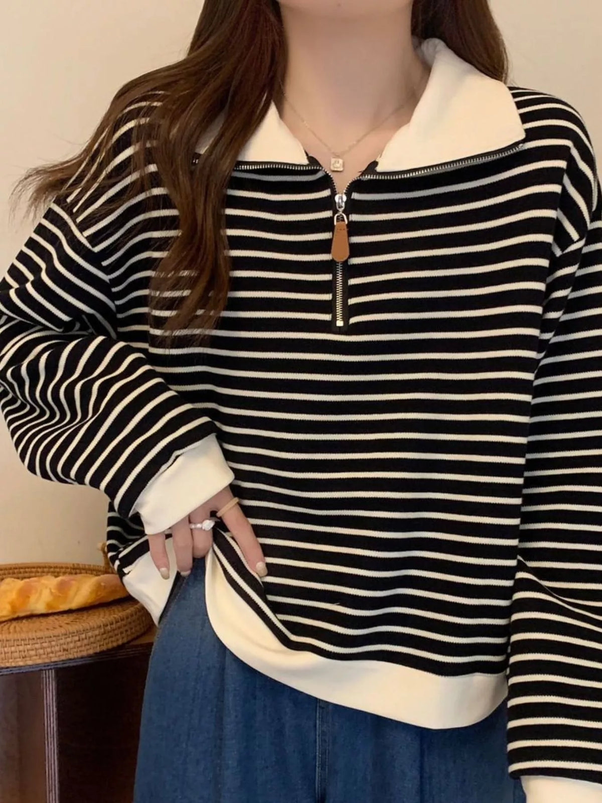 plus size striped quarter-zip pullover sweatshirt | dropsona - neutral - everyday use