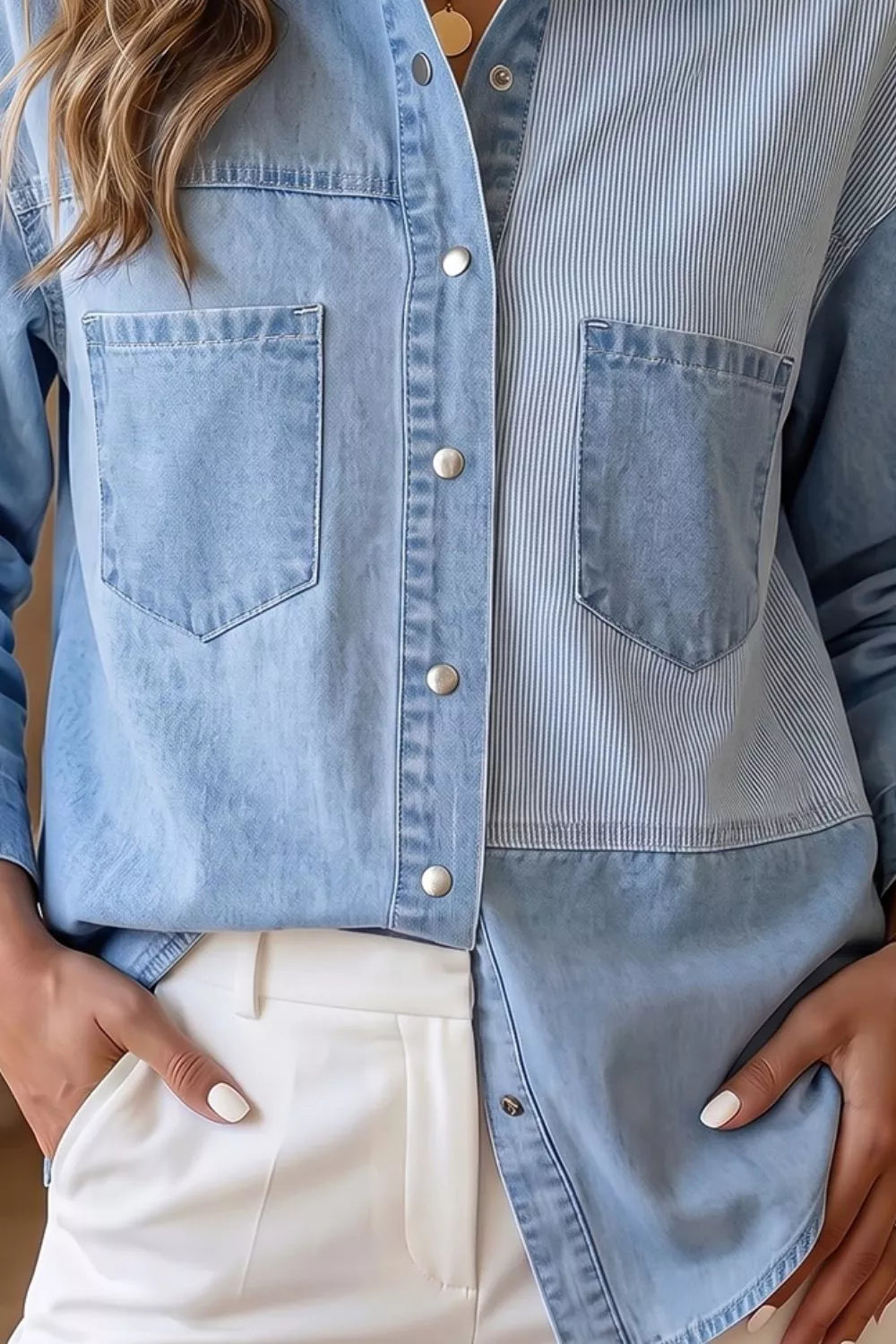 two-tone denim patchwork shirt - close-up detail