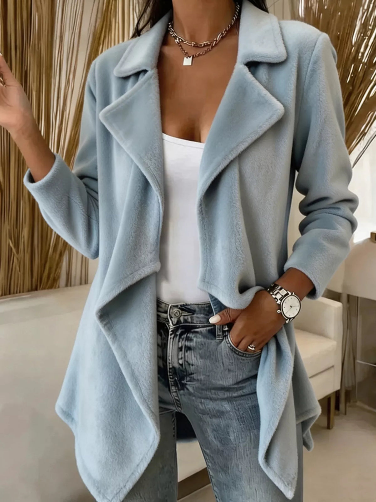 full size fleece waterfall collar outerwear plus | dropsona - neutral - everyday use
