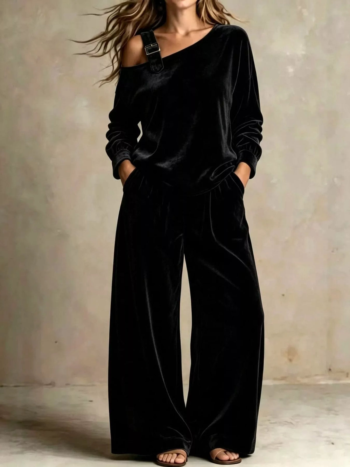 asymmetrical neck top and pants set | dropsona - neutral - front view