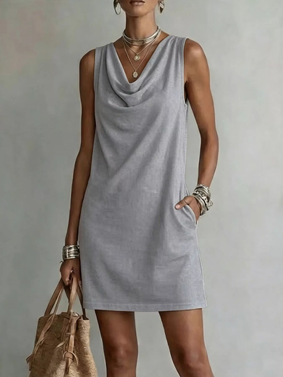 full size sleeveless cowl neck mini dress plus | dropsona - neutral - close-up detail