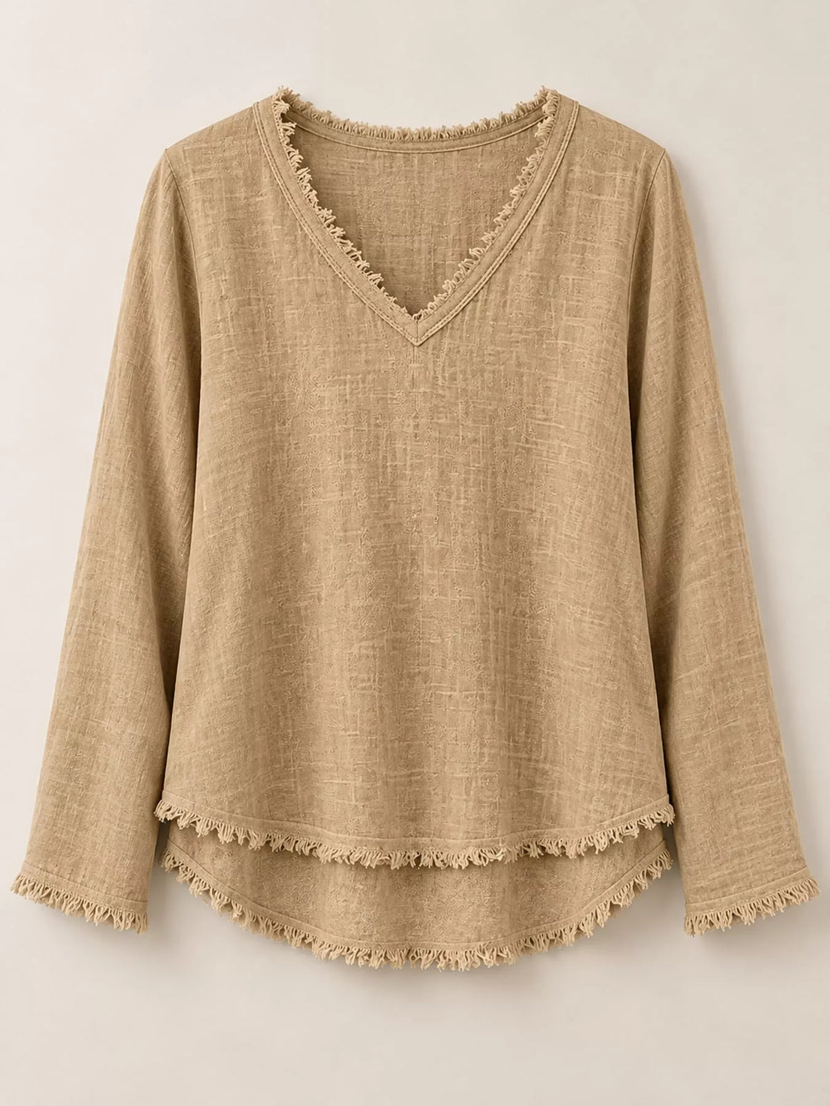 full size frayed hem v-neck blouse plus | dropsona - neutral - material texture