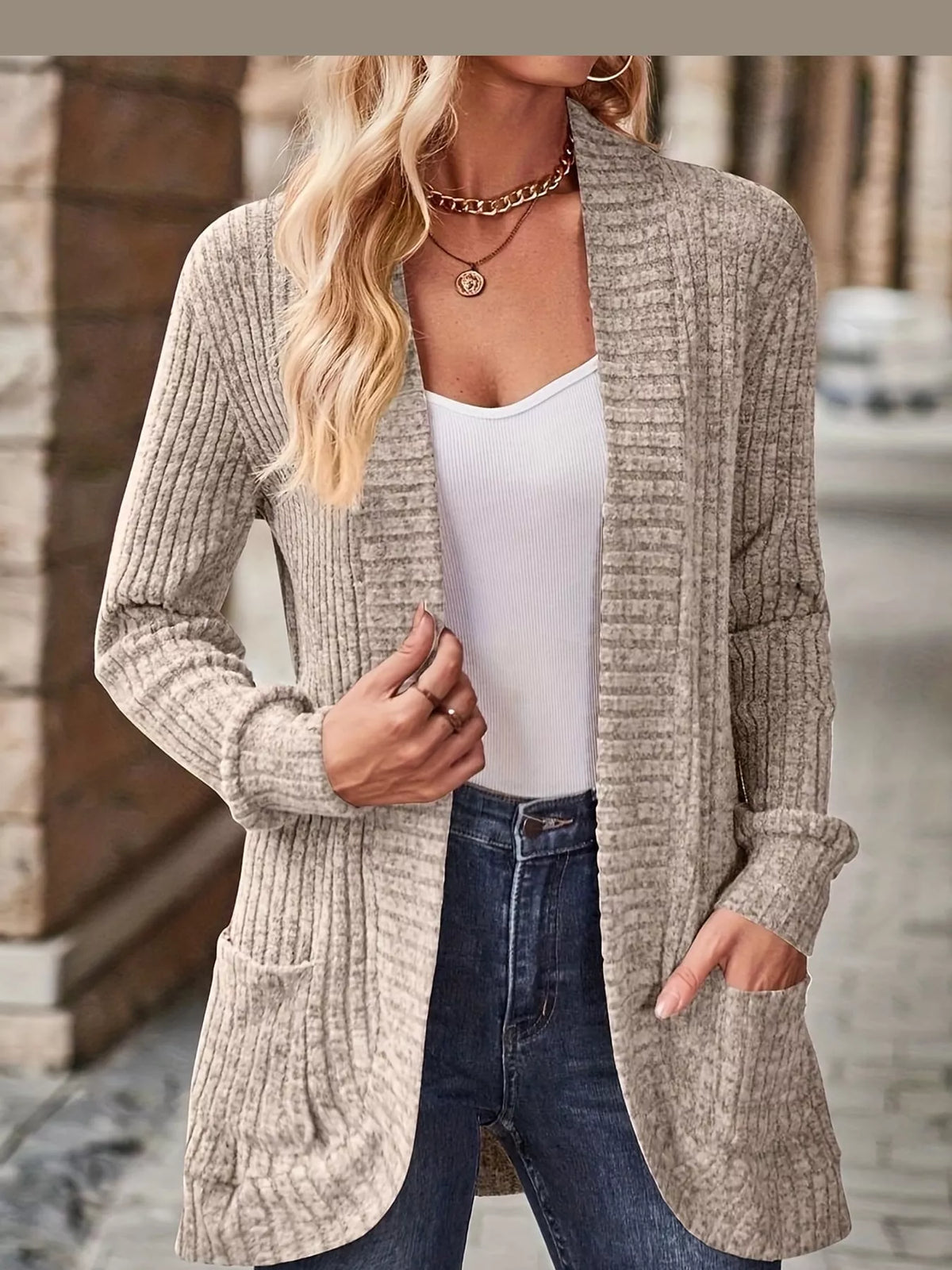 ribbed knit open front cardigan with pockets | dropsona - neutral - close-up detail