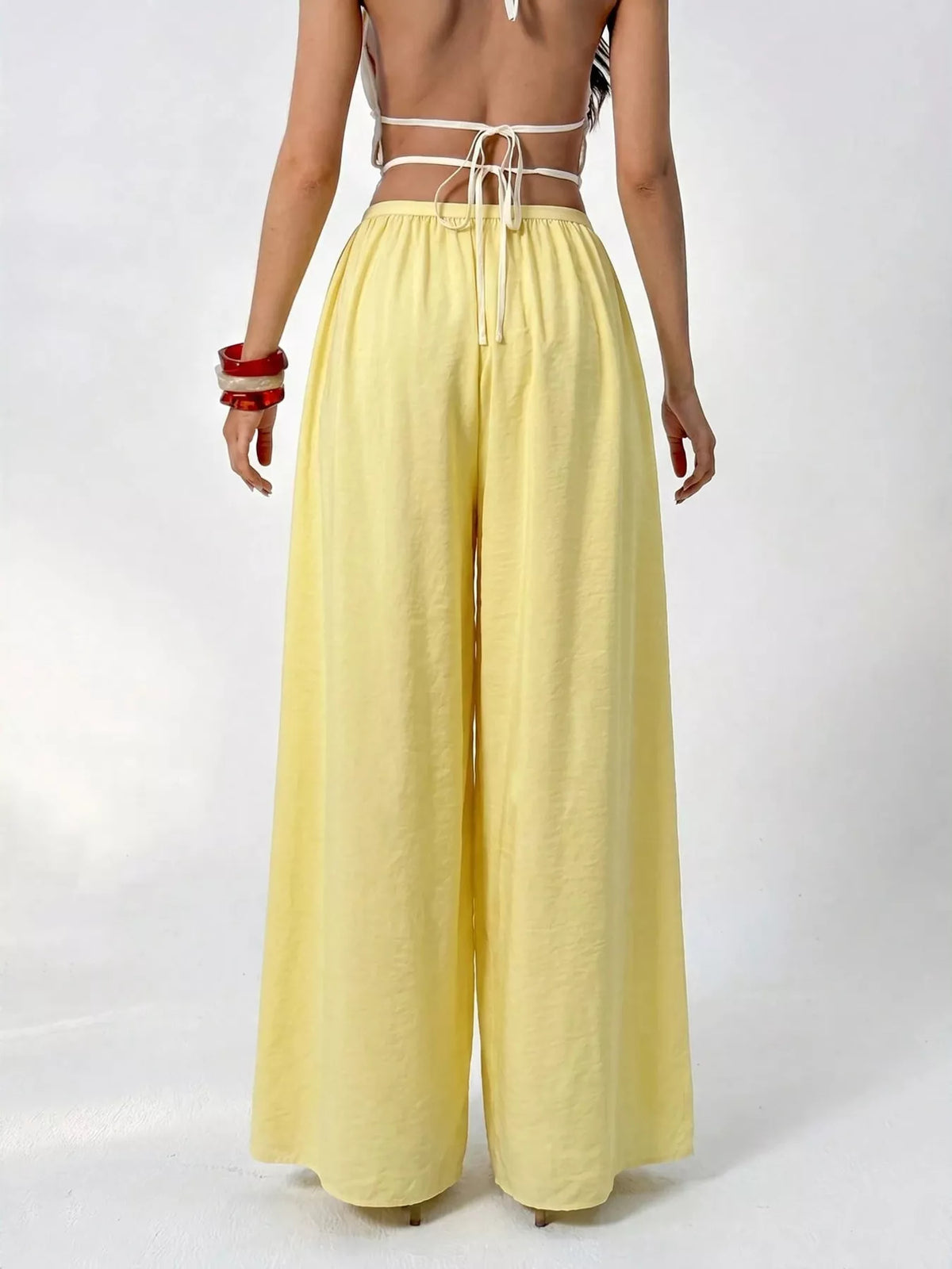 high-waisted wide-leg pleated casual pants | dropsona - neutral - front view
